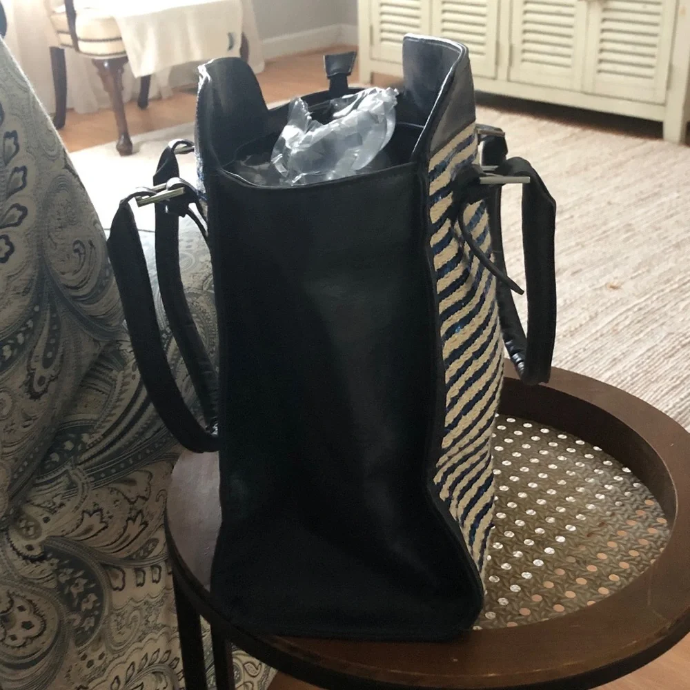 Kelly & Katie Black Trim Natural Tote with Blue Sequin Stripes